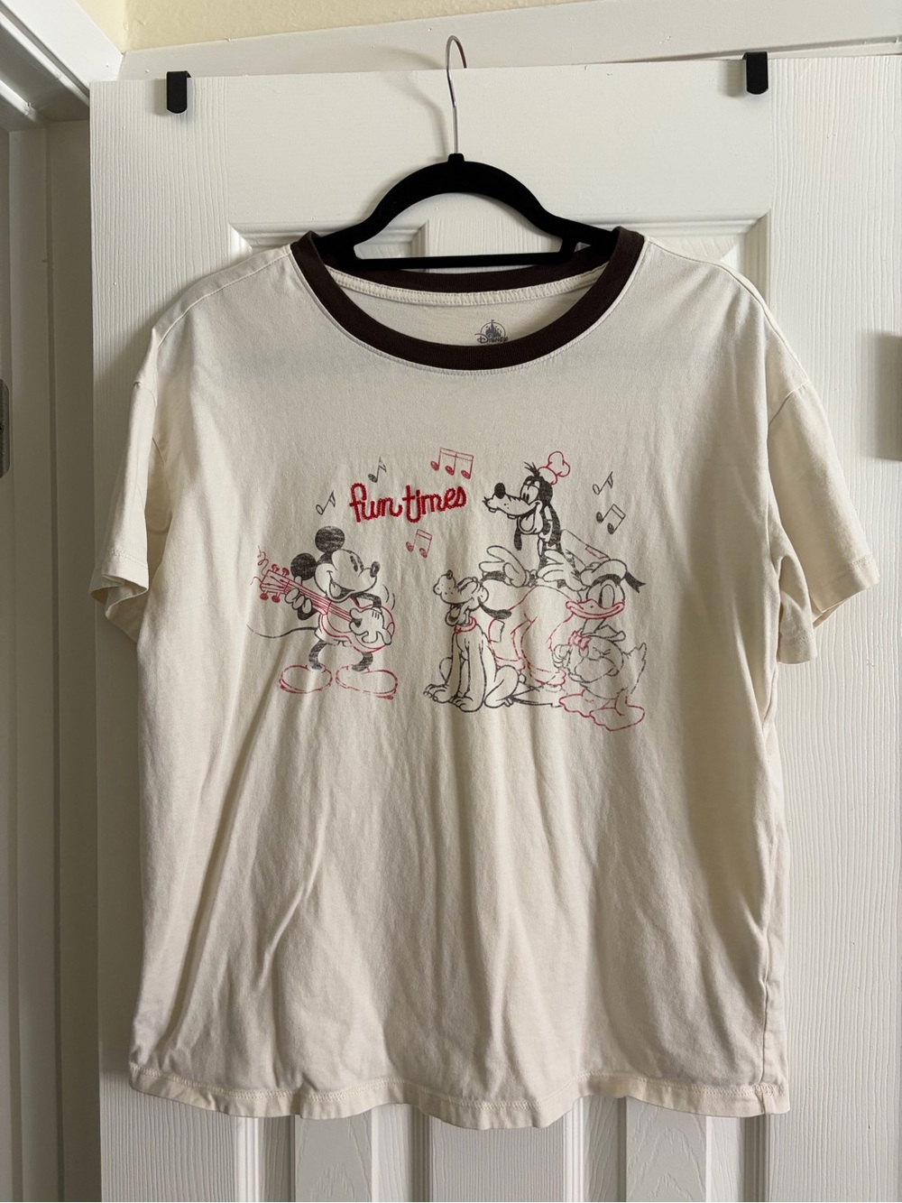 Vintage Disney 'Fun Times' Embroidered Cream Graphic Ringer T-Shirt